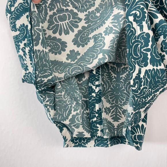 Inomi | Teal & White Damask Floral Pattern Pleated Pocket Tie Back Dress - Picture 7 of 8